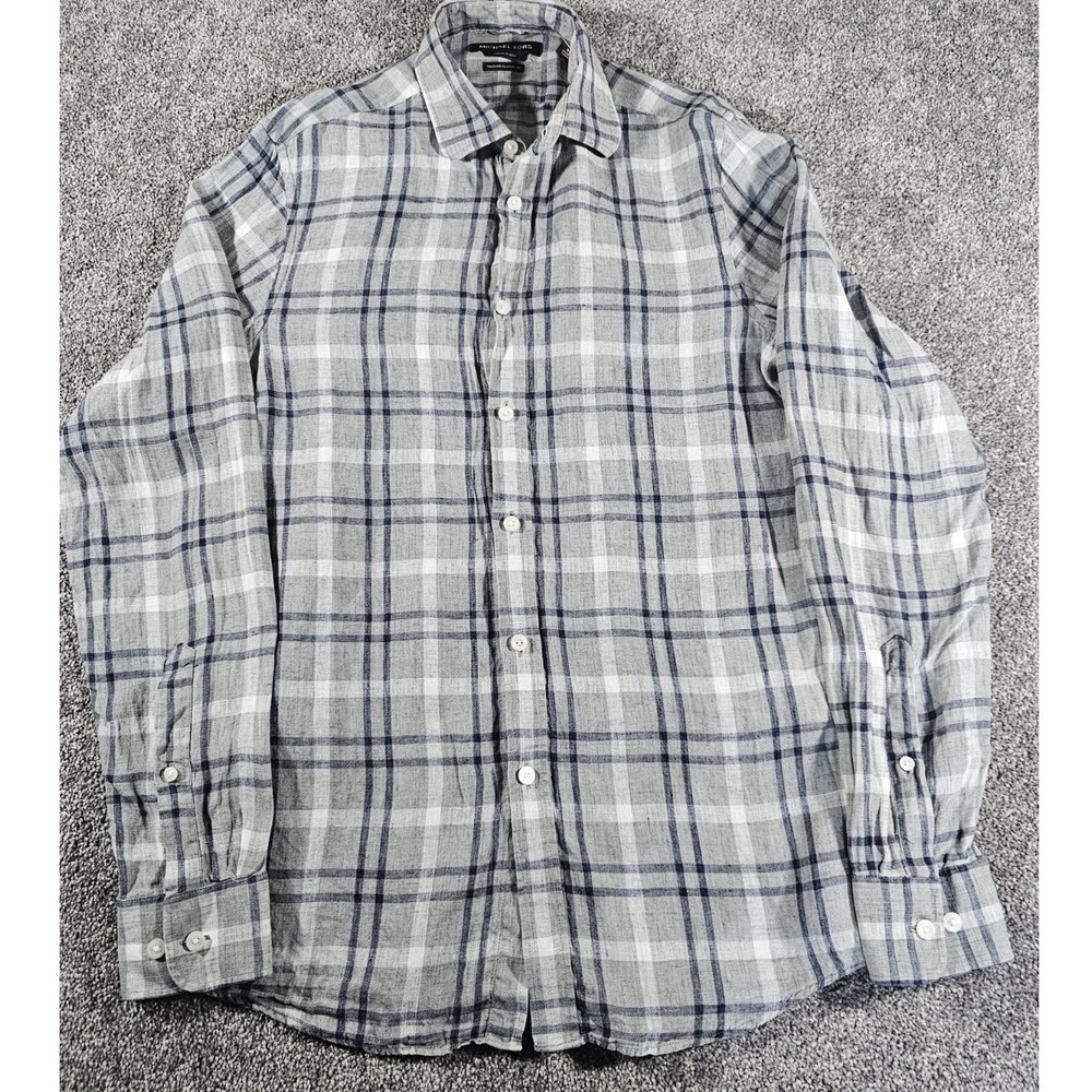 Michael Kors Button Down Shirt Mens S Gray Blue Plaid Italian Fabric TailoredFit